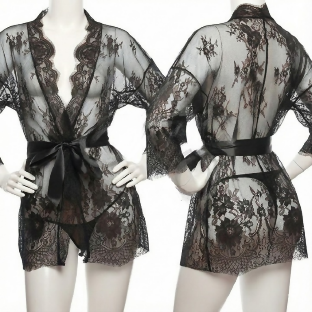 Single Pcs Womens Net Transparent Sheer Lace Robe Gown - Long Sleeve Free-Size Nightwear