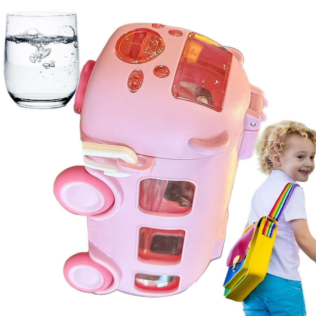 Imported 600ml Bus Water Bottle Kids Cute Bus Shape Strap Sipper Straw Leakproof BPA Free Random Colour
