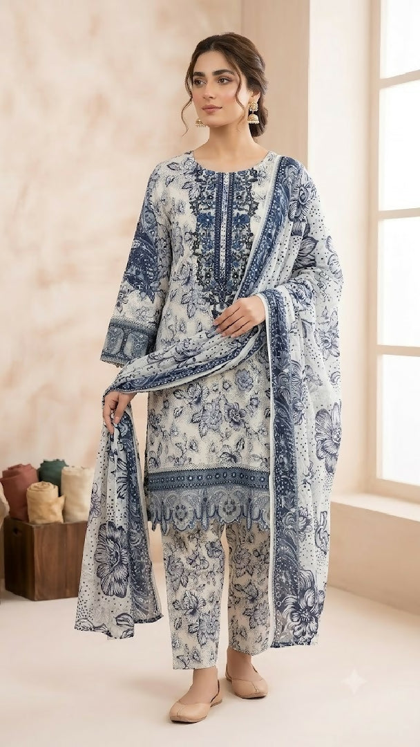 Womens Stitched 3 Piece Lawn Cotton Suit Ready to Wear Floral Printed Embroidered Kurti Matching Trouser Printed Dupatta Pakistani Ladies Dress