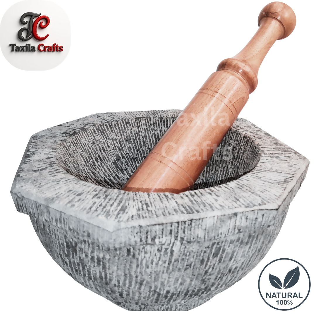 Large Size 10 Inch Handmade 8 Sided Black Stone Mortar with 12 Inch Wooden Pestle Fully Textured Taxila Hills Stone