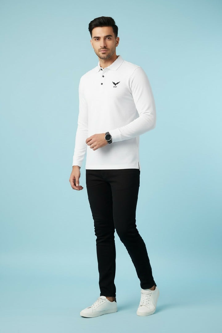 White Full Sleeve Polo Shirt – Polyester Spandex