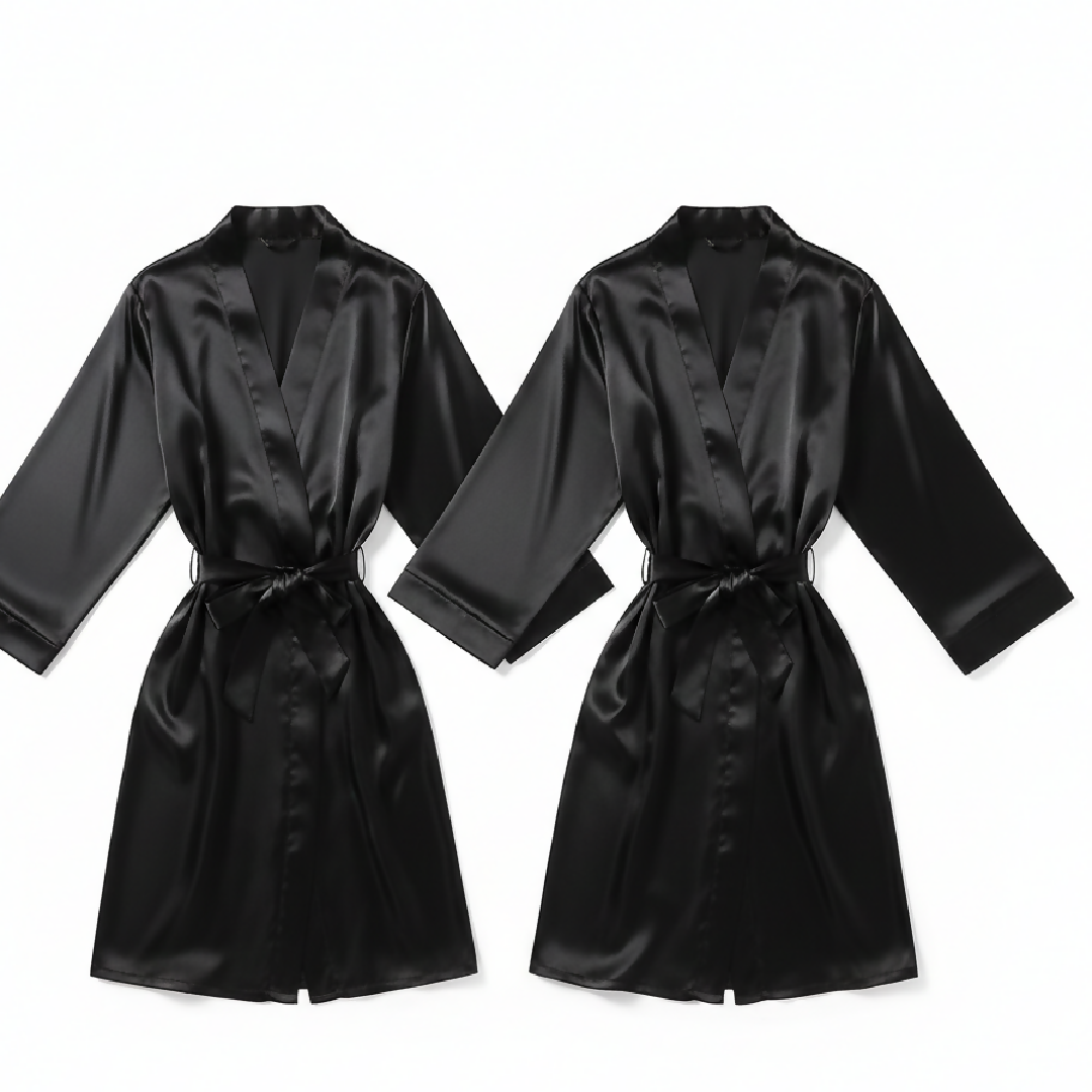 Elegant Silk Couple Gown - Robe Set - Wrap Style with Waist Belt - 2 Pcs