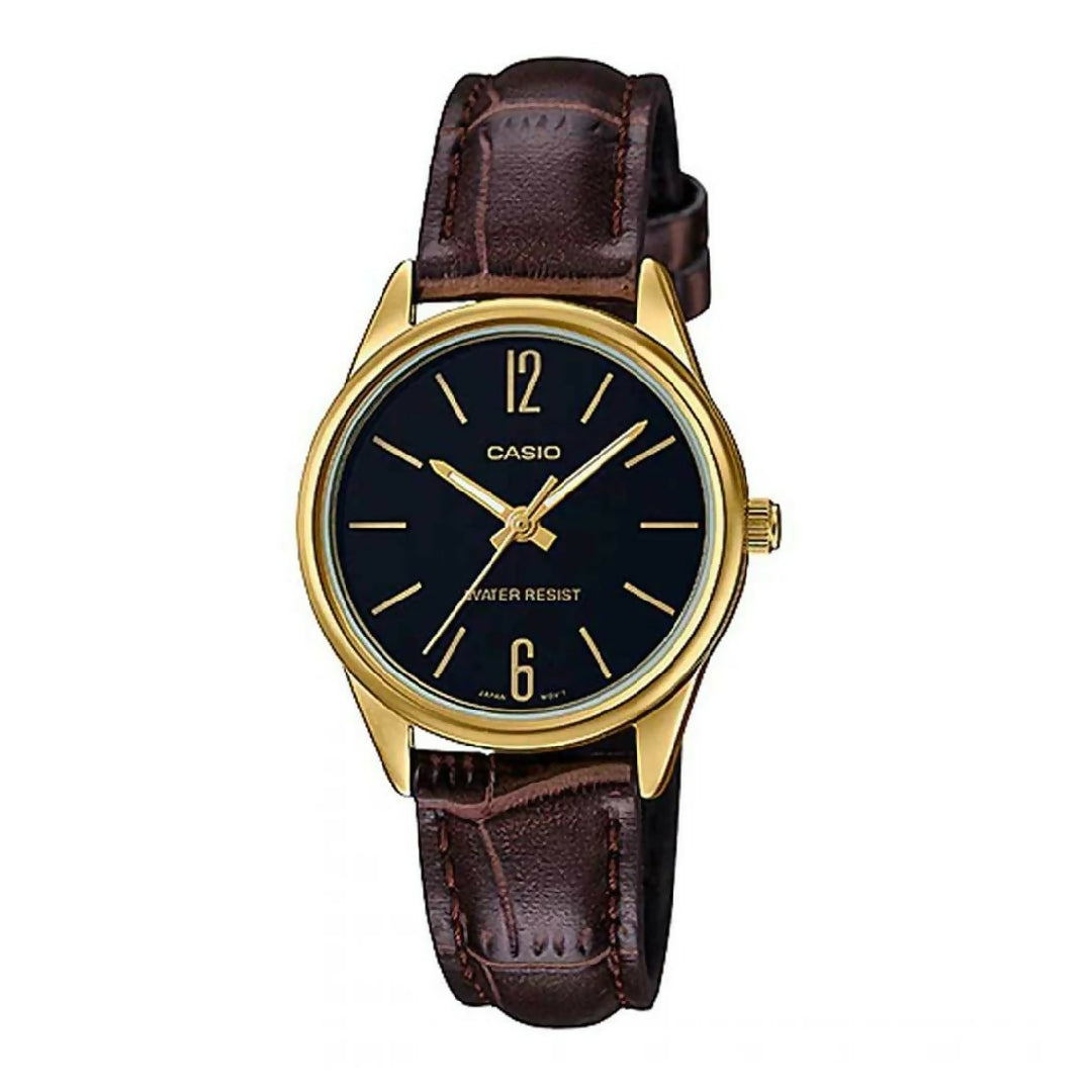 Casio Women Watch Golden Bezel Black Dial with Dark Brown Leather Strap Elegant Analog Ladies Wrist Watch Classic Daily Wear