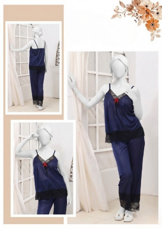 Womens Silk Top Pajama Set with Lace Luxury Sleepwear Collection Free Size