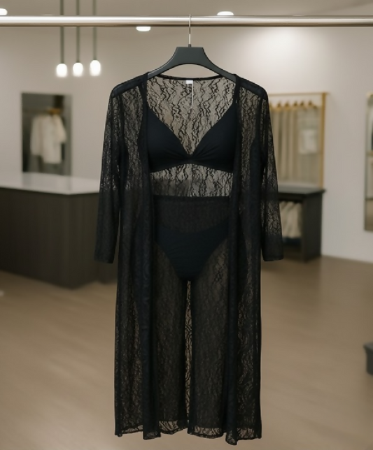 Luxurious Net Transparent Lace 4-Piece Nightwear Set - Gown Bra Panty and Trouser - Free-Size