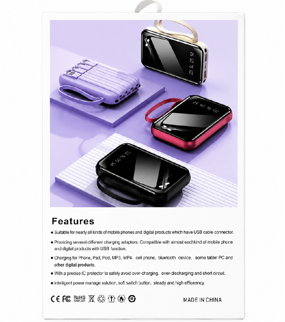 10000mAh Power Bank 4 Built In Cables Fast Charging LED Display Portable Power Bank Black