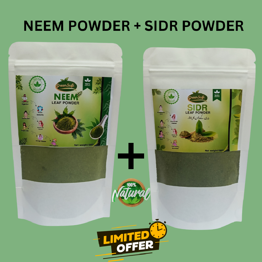 Natural Neem Sidr Powder Combo Pack 200g 100g Each Organic Solution for Acne Psoriasis and Dandruff Relief