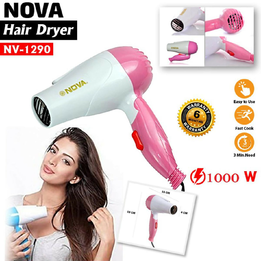 Nova Hair Dryer NV 1290 - Quick Dry Foldable Hair Dryer - Fast Heat Compact Travel Hair Dryer