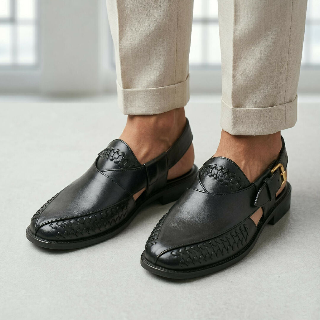Premium Black Peshawari Chappal for Men Traditional Leather Sandals