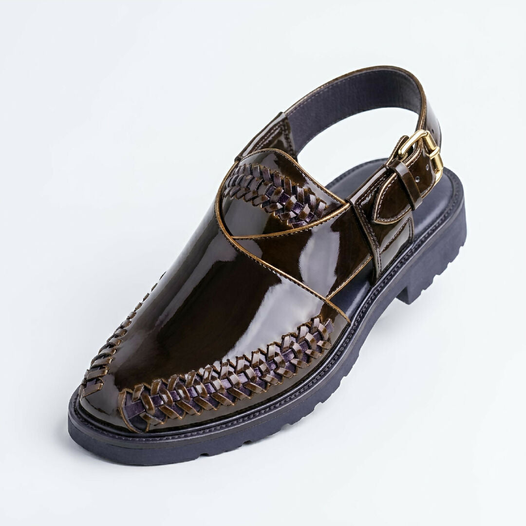 Premium Hand Crafted Dark Chocolate Brown Peshawari Chappal for Men Shiny Leather Sandals