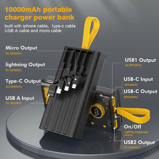 10000mAh Fast Charging Power Bank For Android and iphone 22W Portable Charger with Built in Cables