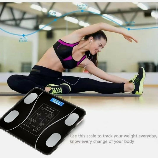 Bluetooth Weighing Scale Bluetooth Body Fat Escamas Smart Electronic BMI Composition Analyzer Weight Scale in Glossy Black with App Working