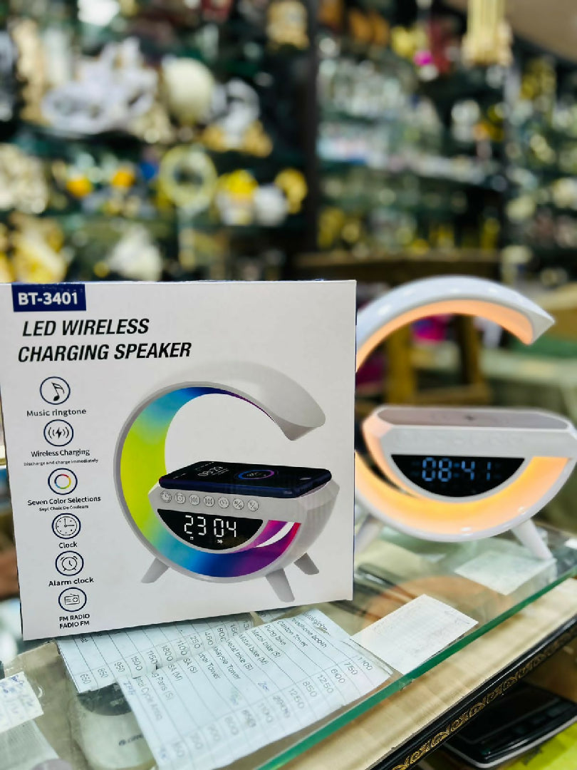 BT-3401 Multi-functional LED Clock Display Speaker G Lamp - LED Wireless Charging Speaker - G-shaped Speaker Light - Bluetooth Mp3 Player - Night Light and Alarm Clock - For Living Room
