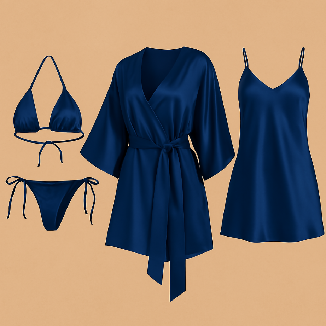 4 Pcs-Style Satin Lingerie Set - Bikini Slip Dress and Robe Combo - Free Size
