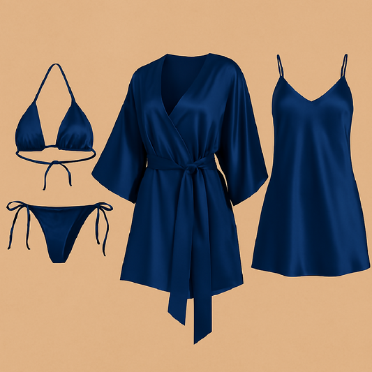 4 Pcs-Style Satin Lingerie Set - Bikini Slip Dress and Robe Combo - Free Size