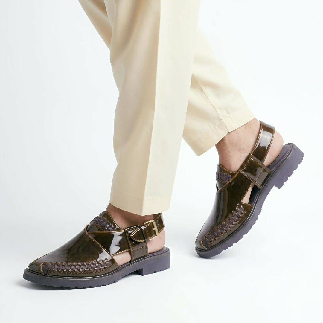 Premium Hand Crafted Dark Chocolate Brown Peshawari Chappal for Men Shiny Leather Sandals