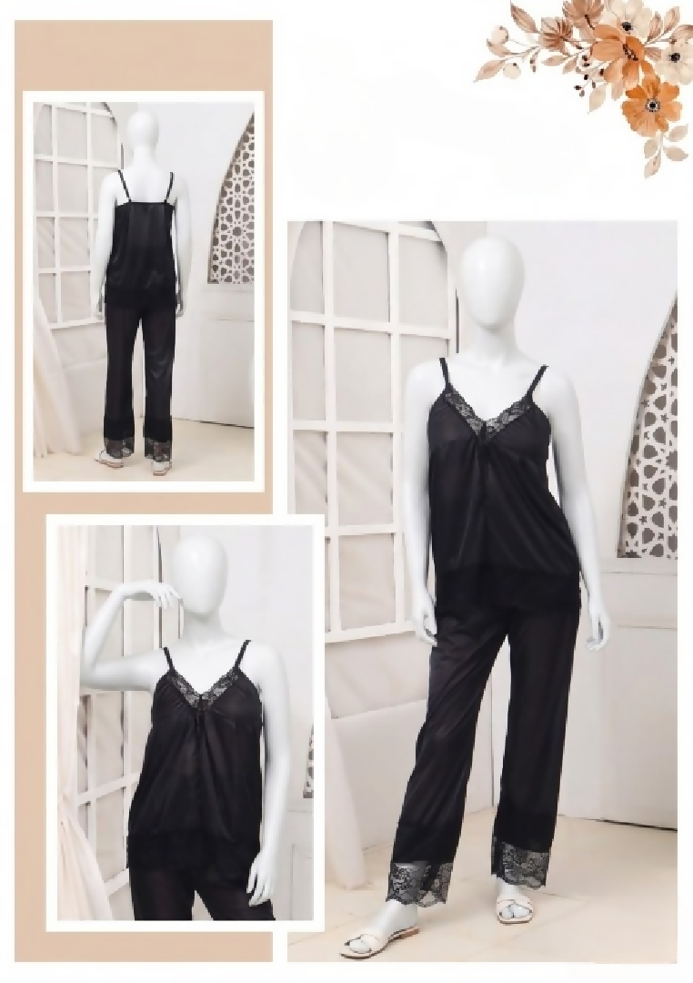 Womens Silk Top Pajama Set with Lace Luxury Sleepwear Collection Free Size
