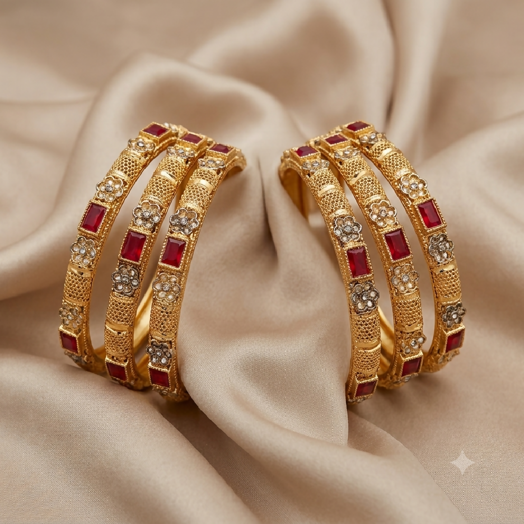 Antique Gold and Ruby Floral Filigree Bangle Set of 6