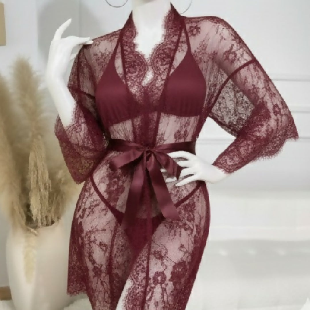 3 Piece Net Gown Set with Bra and Panty - Soft Lace Robe Lingerie - Free Size