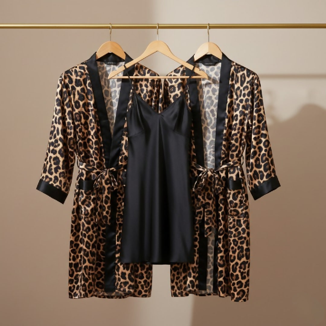 Couple Leopard Print and Black Satin Sleepwear Set - 4 Pcs Robe and Nightdress Set - DC-1021