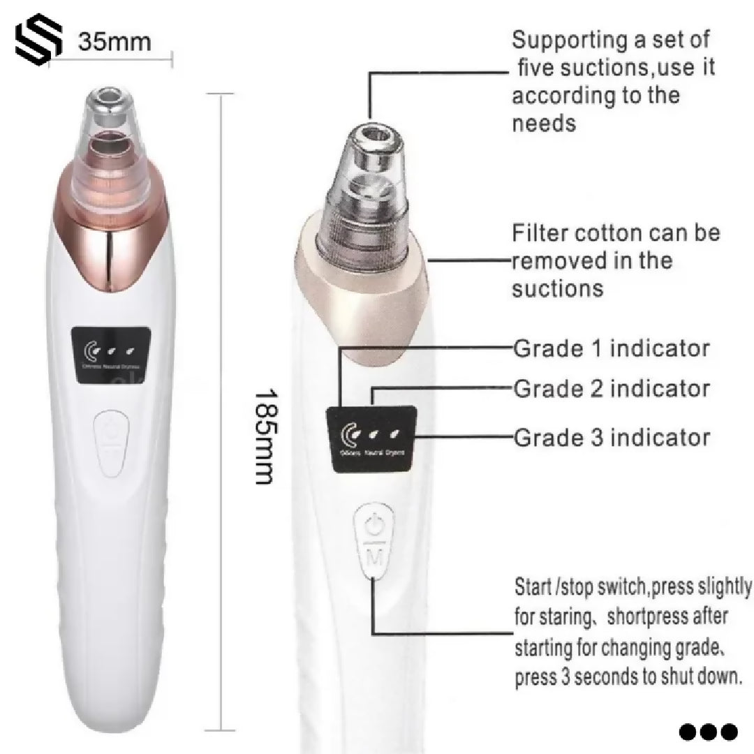 Blackhead Removal Machine Derma Suction 5 In 1 Black Head Remover Machine Acne Pimple Pore Cleaner Vacuum Tool Rechargeable Machine Oil Remover Multi-Functional Skin Care Tools Facial Beauty Device Whitehead Remover Deep face dust Cleaner