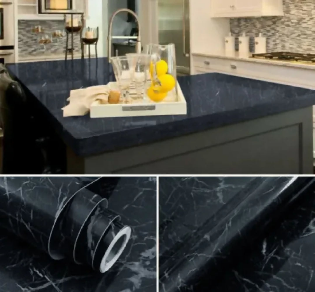 Self Adhesive Marble Sheet Sticker For Kitchen - 60x200 Cupboard Wall - Anti Oil And Heat Resistant - Black