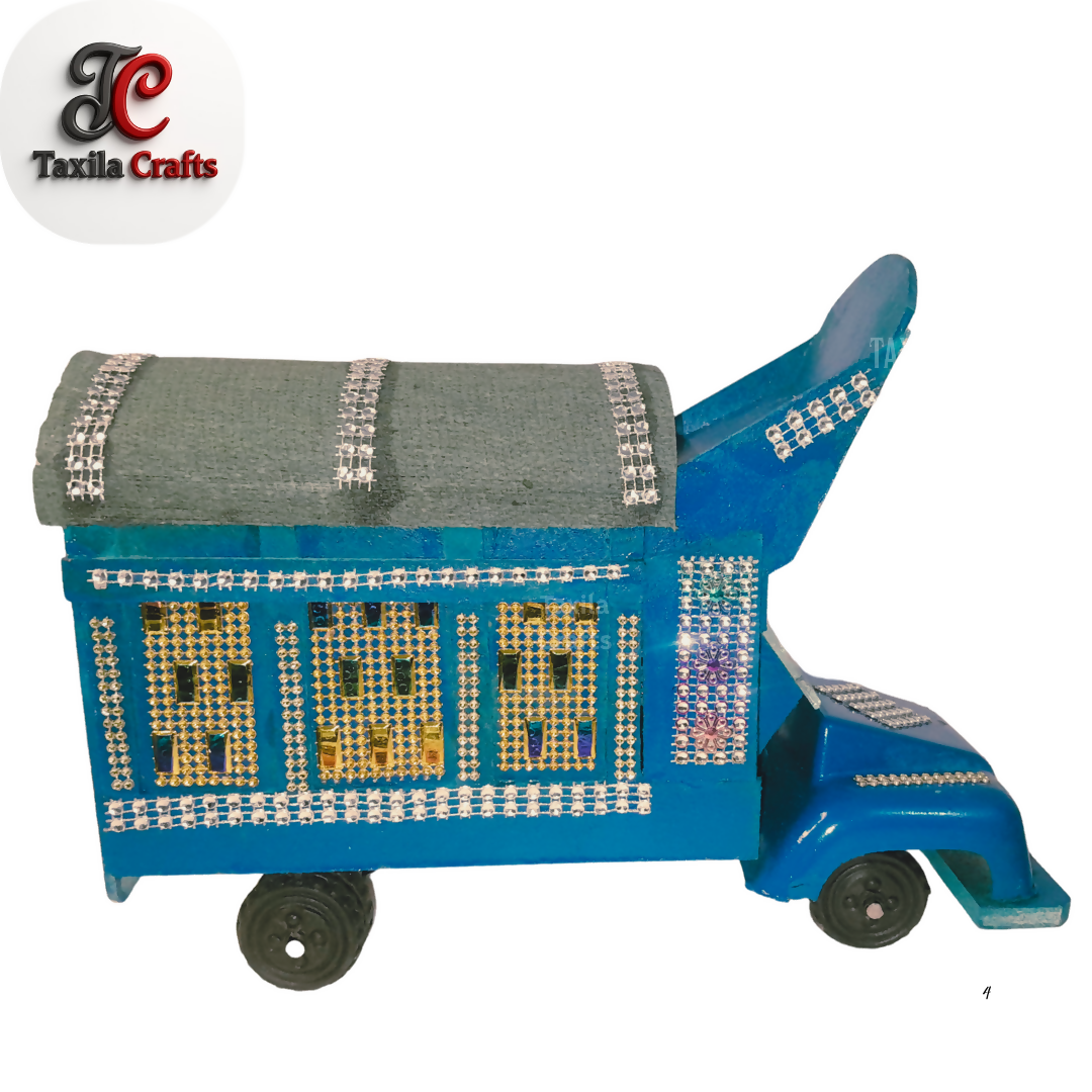 Handmade Blue Mini Truck Art Decorative Showpiece Wooden and Hardboard Model 11 Inch
