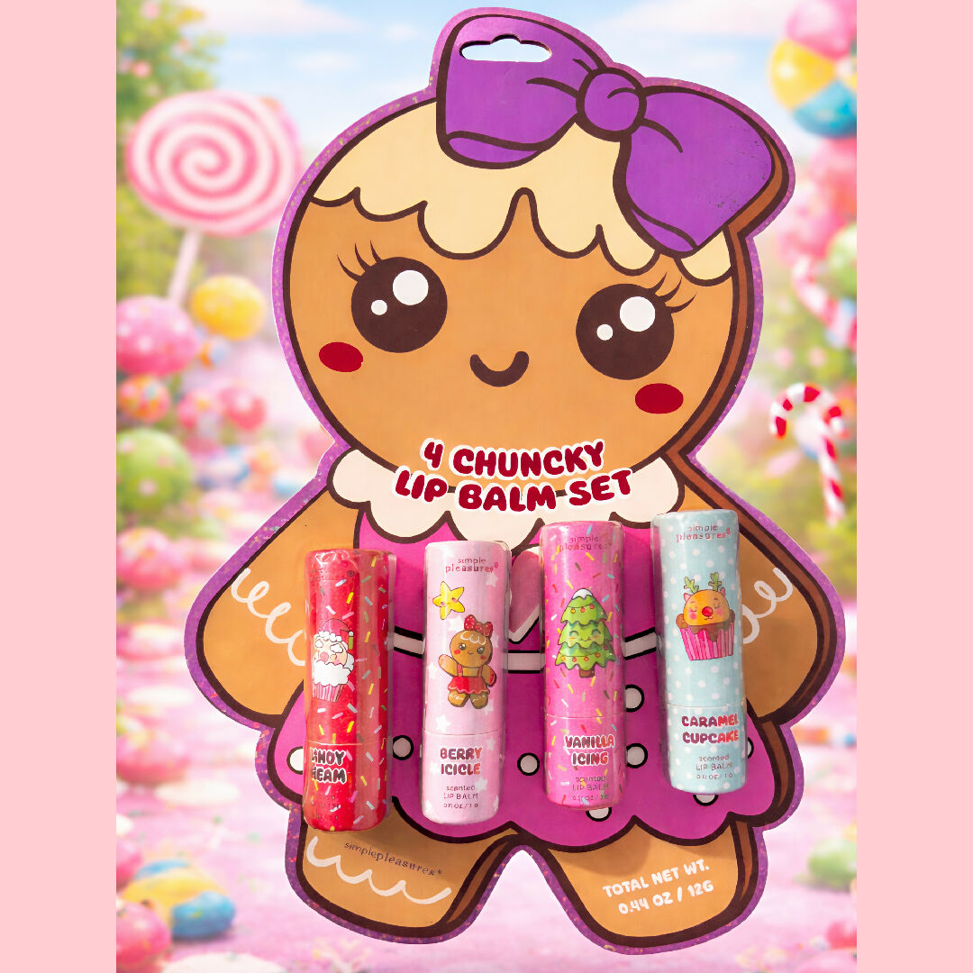 Simple Pleasures Cute Gingerbread Chunky Lip Balm Set For Girls