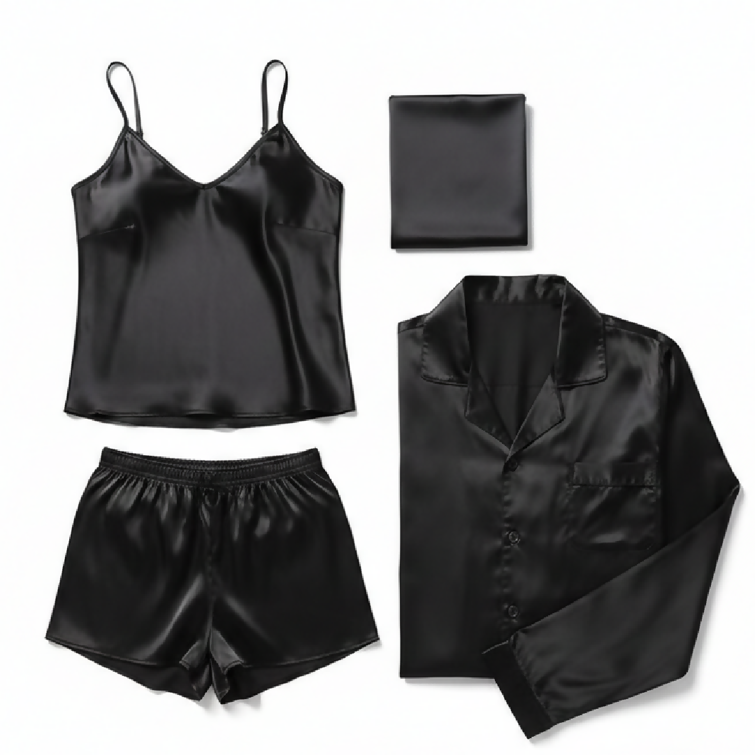 Premium Satin Silk Couple Night Suit Pajama - Short Set - Matching Luxury Nightwear for Men and Women - 4 Pcs