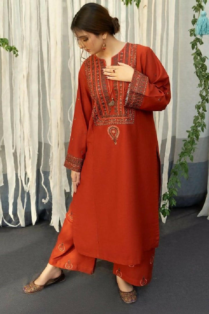 3PC Dhanak Embroidered Shirt - Couture Wool Print Shawl and Trouser - TANA-2292