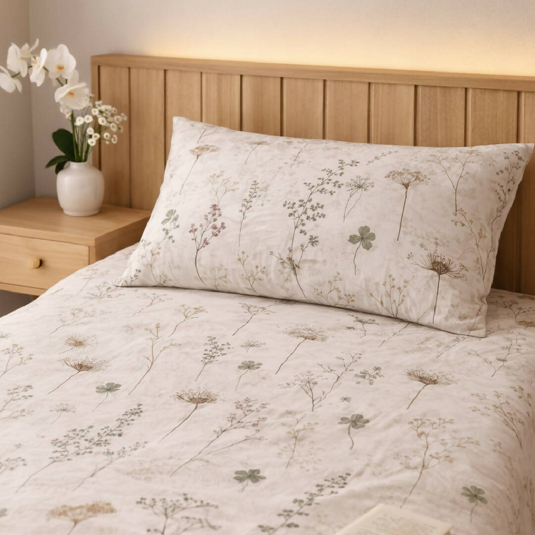 Single Bed Beige Cotton Floral Printed Bedsheet with Pillow Cover