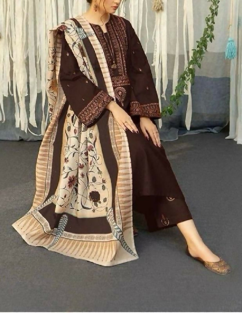 3 Piece - Unstitched Dhanak Stuff Full Embroidered Suit With Printed Wool Shawl