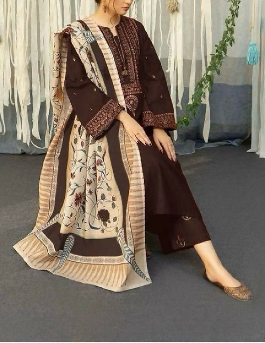 3 Piece - Unstitched Dhanak Stuff Full Embroidered Suit With Printed Wool Shawl
