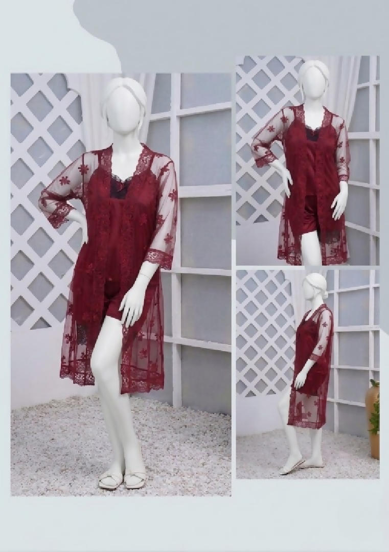 3 Pcs Luxurious Silk Net Black Lace Womens Sleepwear Set Top Short Gown Nightwear Free Size