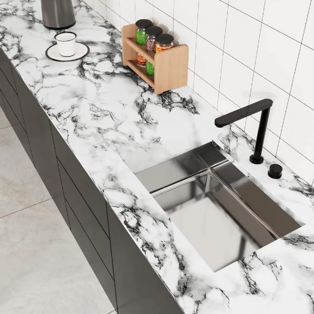 Self Adhesive Marble Sheet Sticker For Kitchen - 60x200 Cupboard Wall - Anti Oil And Heat Resistant - Black