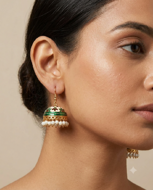 Emerald and Ivory Meenakari Dome Jhumkas