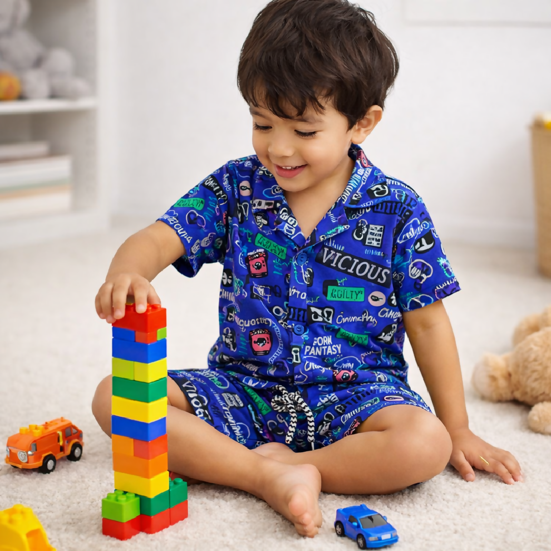 Kids Printed Linen Short Pajama Set