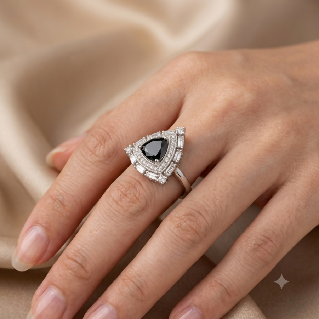 Zircon Silver and Black Shield Ring