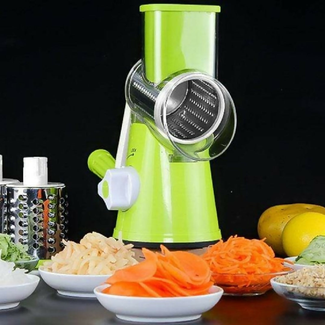 FALARI Tabletop Drum Grater Manual Rotary Vegetable Slicer Shredder and Cutter with 3 Interchangeable Stainless Steel Drums Random color