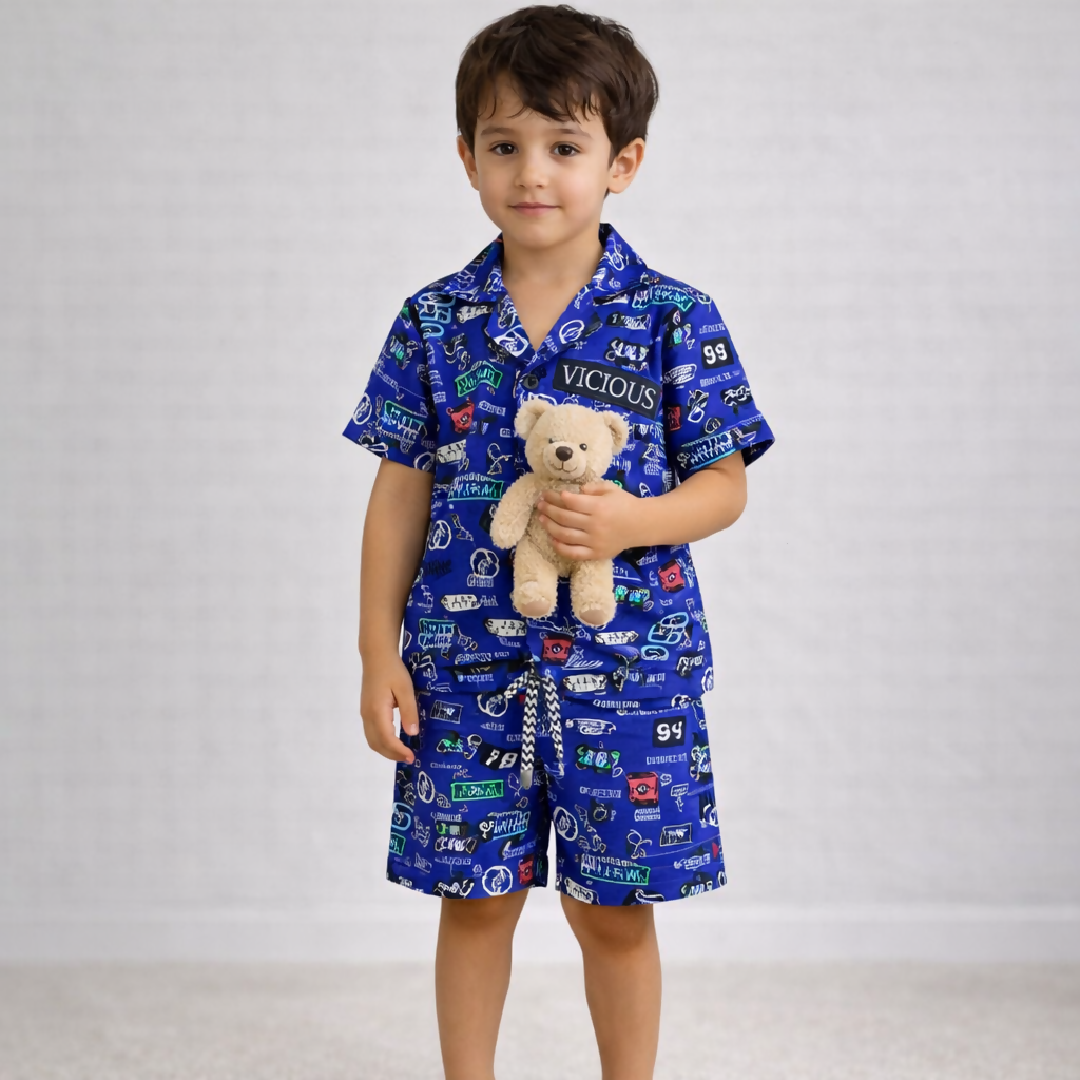Kids Printed Linen Short Pajama Set