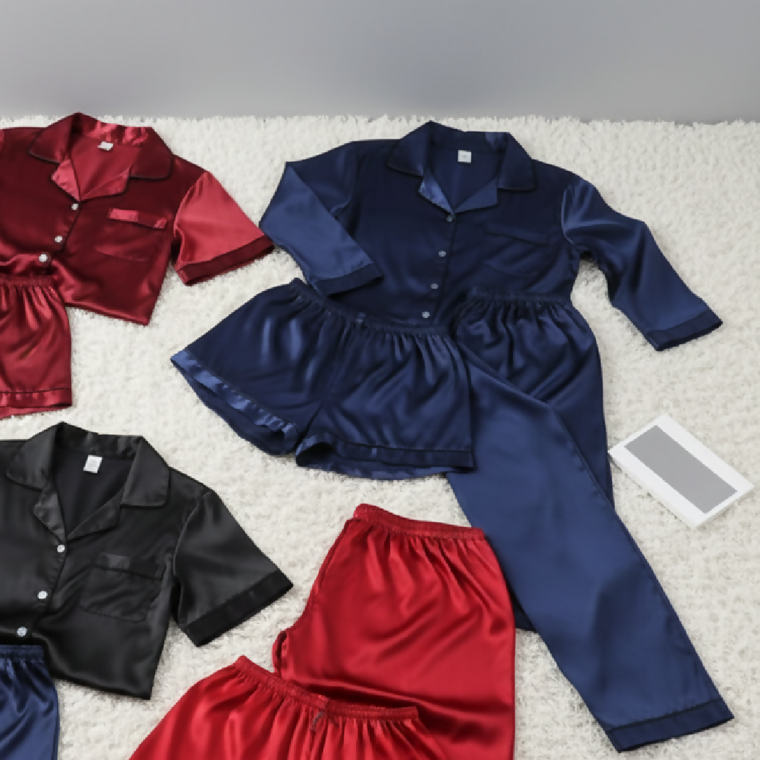 Couple Night Suit - Silk Satin Sleepwear Set - Short and Long Style Combo - 4 Pcs