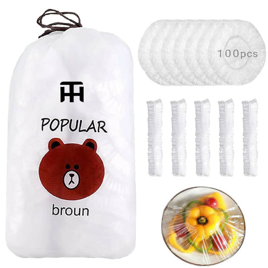 Combo Deal Disposable Food Cover Plastic Wrap 100 Pcs and 2 Pcs Dishwashing Rug - Reusable Elastic Food Storage Covers and Metal Wire Dish Washing Rugs For Kitchen