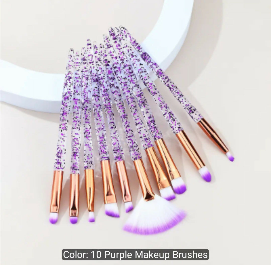 10 pcs baopinger makeup brush set with purpul glitter crystal handles soft bristles
