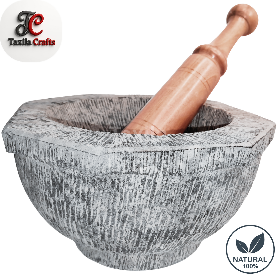 Large Size 10 Inch Handmade 8 Sided Black Stone Mortar with 12 Inch Wooden Pestle Fully Textured Taxila Hills Stone