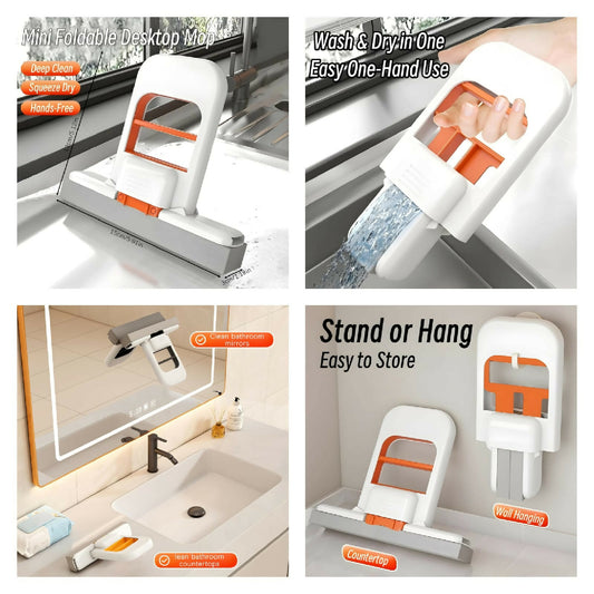 Foldable Mini Mop - Portable Desktop Wet and Dry Cleaning Mop - Self-Squeezing
