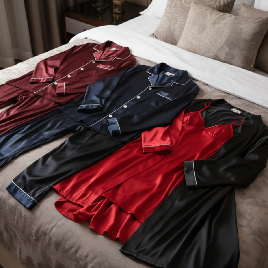 Couple Night Dress Silk Sleepwear Set - 4-Piece Pajama and Robe Set - SKU DC-C012