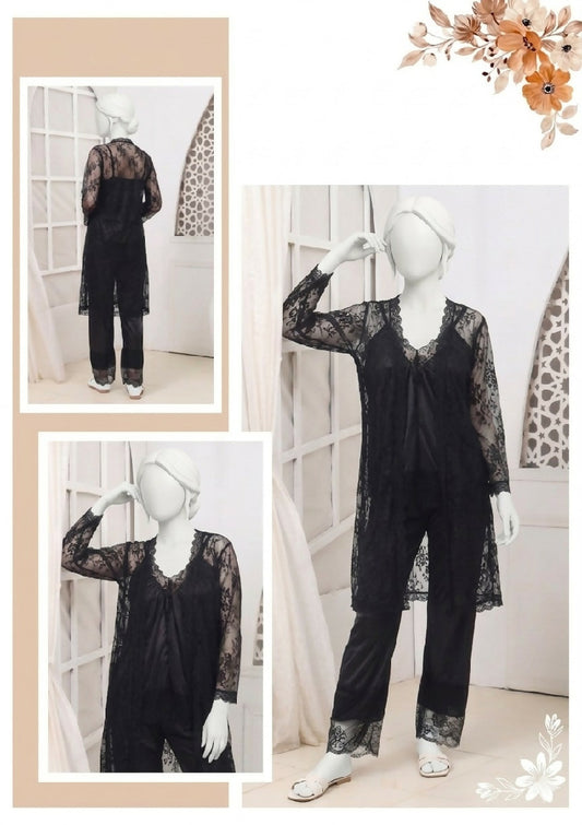 3 Pcs Premium Silk Net Black Lace Womens Sleepwear Set Top Trouser Gown Size Free