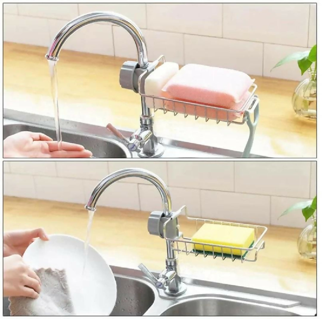 Kitchen Stainless Steel Sink Drain Rack Sponge Holder Stainless Steel Faucet Storage Rack Adhesive Sink Caddy Organizer for Brush Towel Shower Soap Dish for Bathroom Kitchen Hanging Storage Accessories