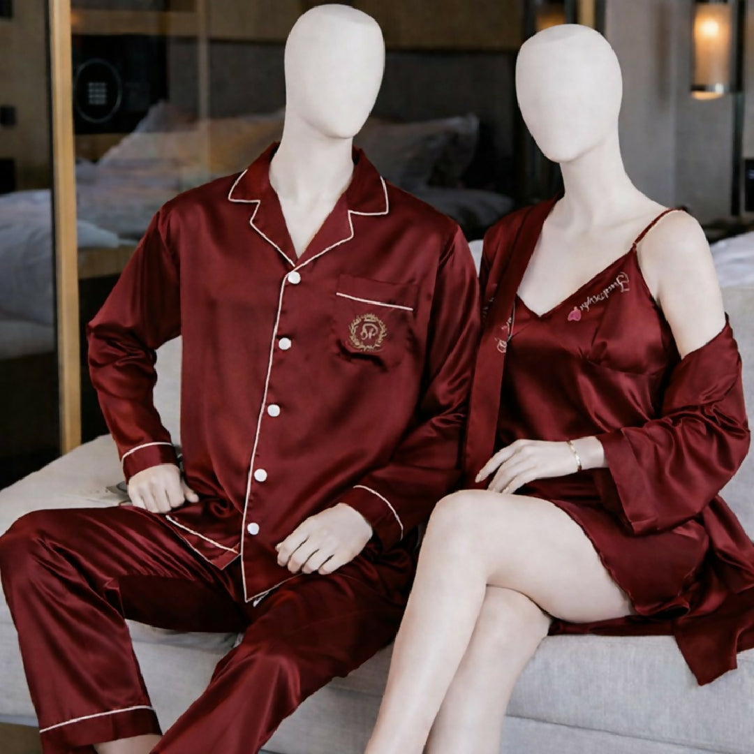 Couple Night Dress Silk Sleepwear Set - 4-Piece Pajama and Robe Set - SKU DC-C012