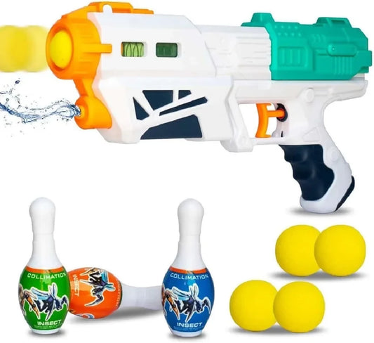 2 in 1 Bowling Water Shooting Gun Magic Blaster Toy Gun with Soft Foam Balls Bullets Bowling Pins Water Spray for Kids
